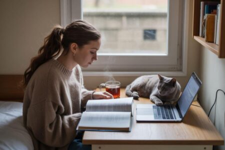 Étudiante concentrée sur ses cours dans un petit studio, avec un chat allongé à côté de son ordinateur.