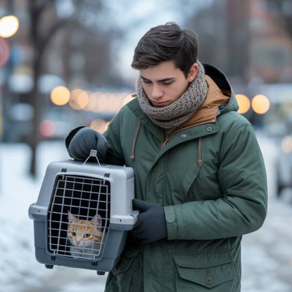 Jeune étudiant en manteau tenant une caisse de transport pour chat en pleine rue en hiver.