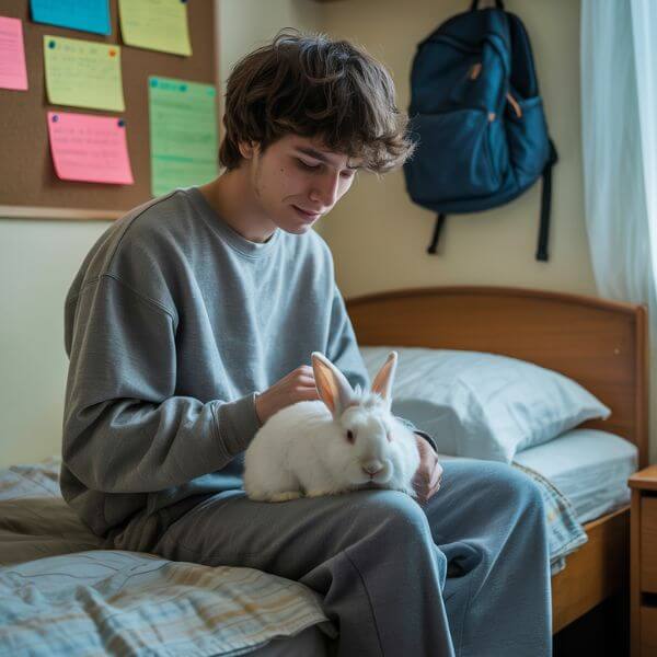 Étudiant assis sur un lit dans une chambre étudiante, caressant un lapin blanc sur ses genoux.