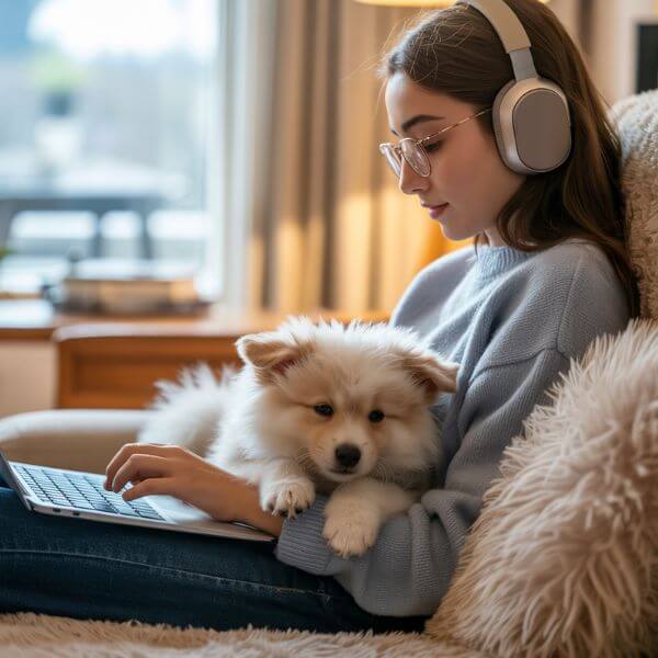 Étudiante portant un casque audio, assise sur un canapé, avec un petit chien sur ses genoux dans un intérieur cosy.