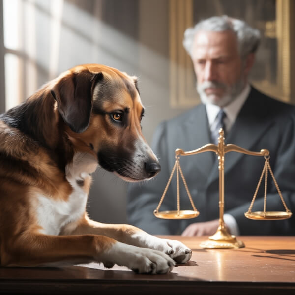Un chien regarde une balance de justice posée sur un bureau, en présence d’un homme en costume — représentation symbolique des conséquences juridiques liées à l’adoption illégale d’un chien.