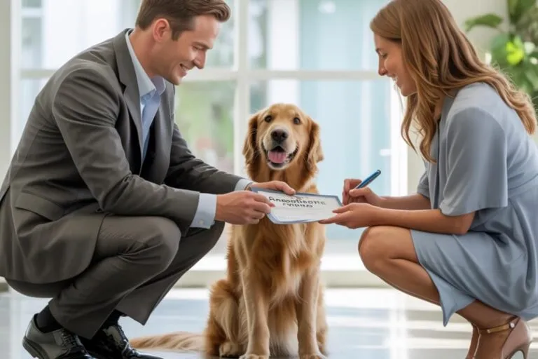 Un couple signe un document d’adoption canine devant un vétérinaire, avec un chien assis entre eux — illustration des démarches légales pour éviter les poursuites judiciaires lors de l’adoption d’un chien.