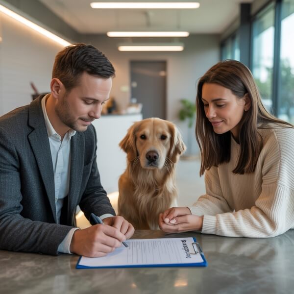 Un couple consulte des documents d’adoption avec un chien entre eux, symbolisant l’importance des démarches administratives pour éviter les poursuites judiciaires lors de l’adoption d’un chien.