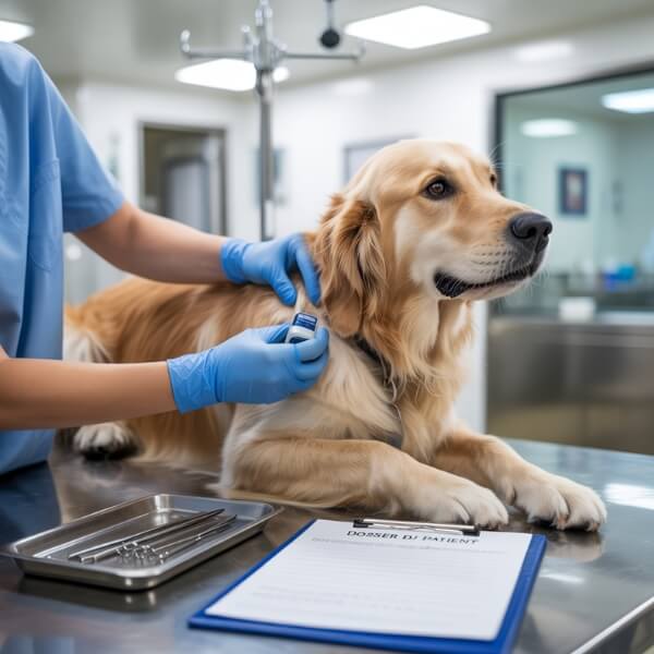Un chien chez le vétérinaire reçoit une puce électronique, avec un formulaire d’identification posé sur la table — étape obligatoire pour adopter un chien légalement en France.
