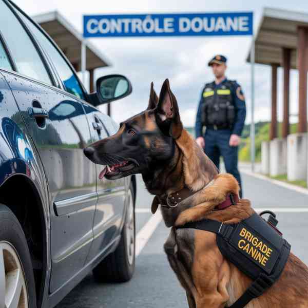 Chien de la brigade canine inspectant un véhicule à un poste de contrôle douanier français