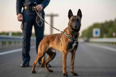 Chien de détection douanier tenu en laisse par un agent sur une autoroute française