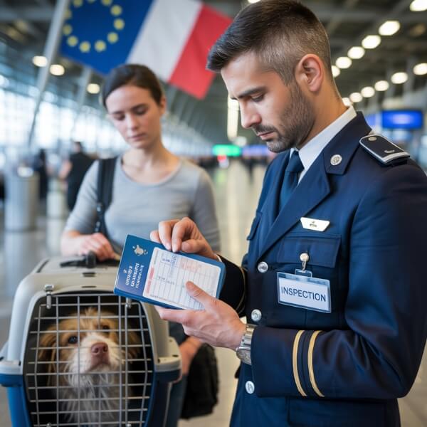 Un agent des douanes contrôle les papiers d’un chien en cage de transport à l’aéroport, avec une propriétaire en arrière-plan, sous un drapeau de l’Union européenne.