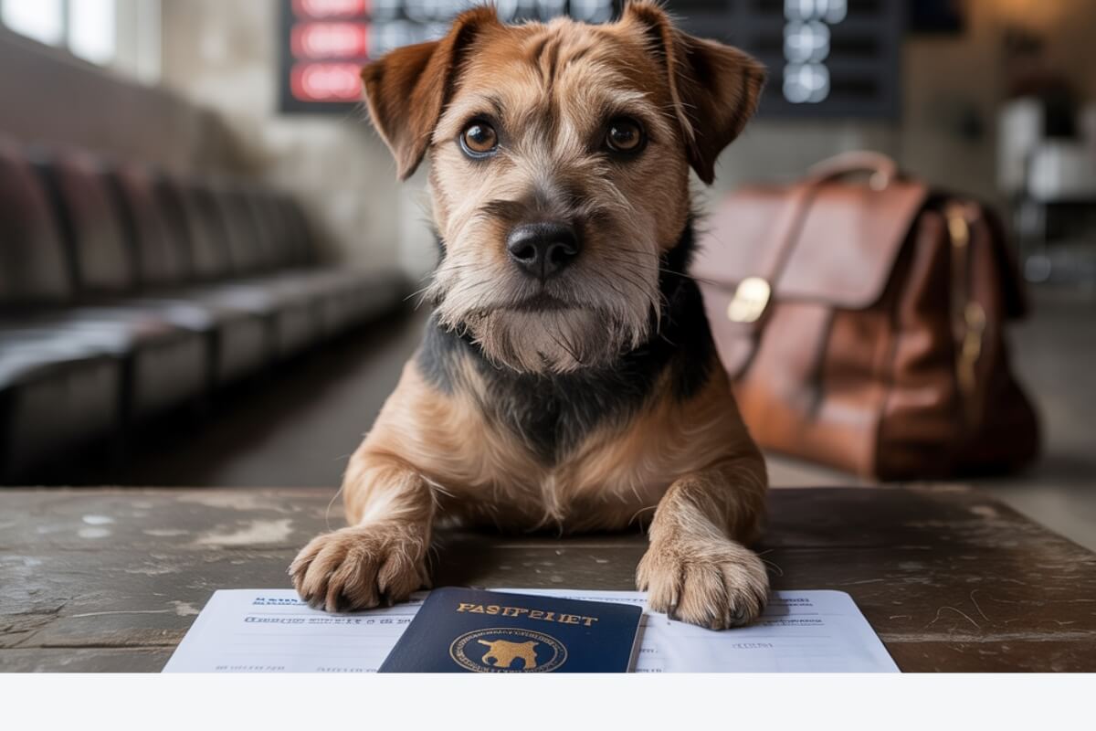 Petit chien assis devant un passeport européen et un carnet de vaccination, prêt pour un voyage, illustrant la vigilance nécessaire face au risque de rage lors des déplacements.