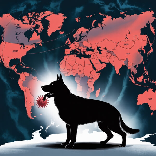 Silhouette de chien en alerte sur fond de carte mondiale avec des zones rouges signalant les pays où la rage est encore active.