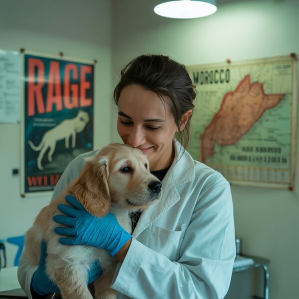 Une vétérinaire tenant un chiot dans ses bras devant une affiche sur la rage, illustrant l’importance du contrôle sanitaire avant l’introduction d’un animal en France.