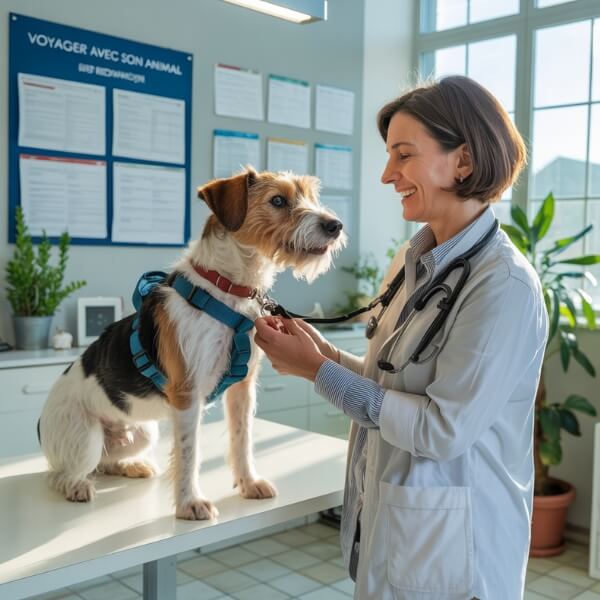 Une vétérinaire contrôle les documents d’un chien équipé d’un harnais, illustrant les vérifications sanitaires avant le retour en France d’un animal de compagnie.