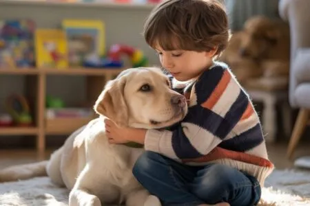 Petit garçon assis sur un tapis qui enlace tendrement un jeune labrador beige dans un salon lumineux