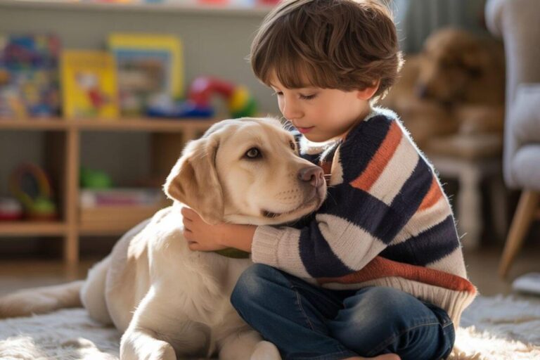 Petit garçon assis sur un tapis qui enlace tendrement un jeune labrador beige dans un salon lumineux