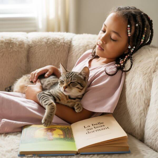Fillette allongée sur un canapé avec un chat tigré sur le ventre et un livre d’histoires ouvert à ses côtés