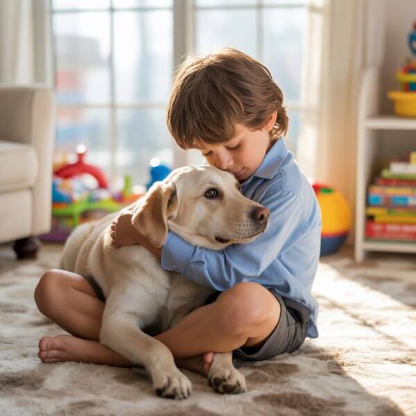 Enfant assis au sol qui enlace son chien avec tendresse dans un salon clair et chaleureux