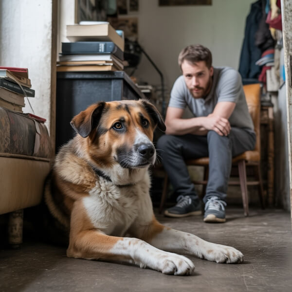 Un homme d’environ 29 ans, cheveux châtains courts, barbe de trois jours, vêtu d’un sweat gris et d’un jean, est accroupi près de son chien croisé berger brun et blanc, assis au sol dans un studio encombré. L’homme semble prêt à partir, le chien regarde au loin avec un air inquiet.