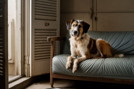 Chien croisé berger brun et blanc assis seul sur un canapé dans un petit studio sombre, regardant vers la porte d’entrée. La pièce est en désordre, ambiance silencieuse et mélancolique.