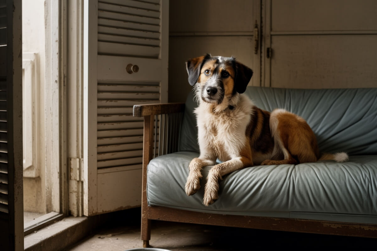 Chien croisé berger brun et blanc assis seul sur un canapé dans un petit studio sombre, regardant vers la porte d’entrée. La pièce est en désordre, ambiance silencieuse et mélancolique.