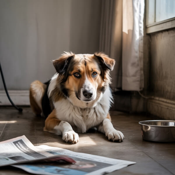 Chien croisé berger brun et blanc allongé seul au sol dans un petit studio, la tête posée sur ses pattes. Autour de lui, des journaux, une gamelle d’eau et des croquettes. La lumière du jour passe à travers un rideau entrouvert.