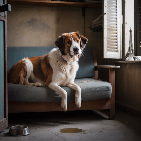 Chien croisé berger brun et blanc assis sur un canapé, fixant l’entrée du studio. La porte est entrouverte, de la lumière artificielle éclaire la pièce. Une veste a été jetée au sol, suggérant le retour récent du maître. L’ambiance reste froide et distante.