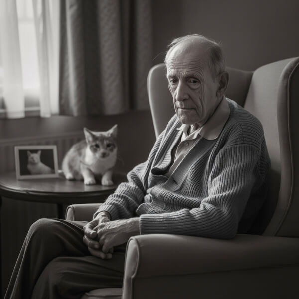 Un homme âgé est assis seul dans un fauteuil près d’une fenêtre, le regard vide, tandis qu’un chat est installé discrètement sur le fauteuil voisin. L’image est en noir et blanc, évoquant la solitude, la vieillesse, et la présence silencieuse d’un animal.