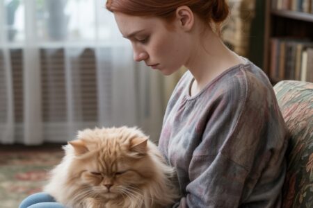 Une femme en peignoir regarde son chat avec tendresse, assise sur un canapé, dans une lumière douce. L’animal repose calmement sur ses genoux, créant une atmosphère apaisante.