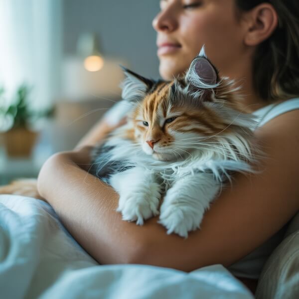 Une femme enlace un chat roux dans ses bras, le regard pensif tourné vers la fenêtre. Le chat semble détendu, en confiance. L’image évoque le calme, la connexion émotionnelle et le réconfort silencieux.
