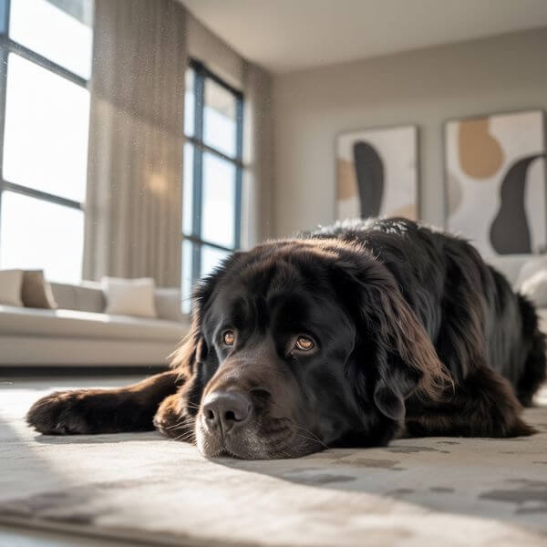 Chien Terre-Neuve noir allongé dans un salon moderne et lumineux, regard posé et paisible
