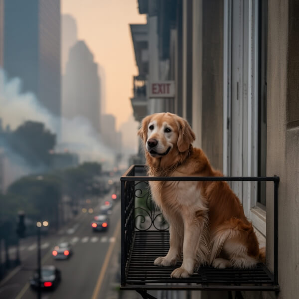 Un chien assis seul sur un balcon, regarde une ville plongée dans une atmosphère enfumée. À l’arrière-plan, un ciel gris-orange laisse deviner un incendie en progression. L’animal semble inquiet, en attente.