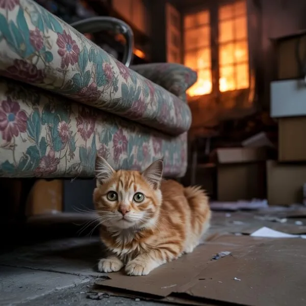 Un chat roux recroquevillé sur un sol en désordre dans une pièce sombre et abandonnée. L’ambiance est tendue, comme après une évacuation précipitée. Le chat semble apeuré, tapi sous un canapé usé.
