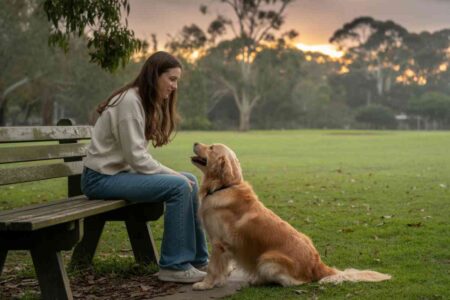 Jeune femme assise sur un banc au coucher du soleil, regardant son chien avec tendresse dans un parc