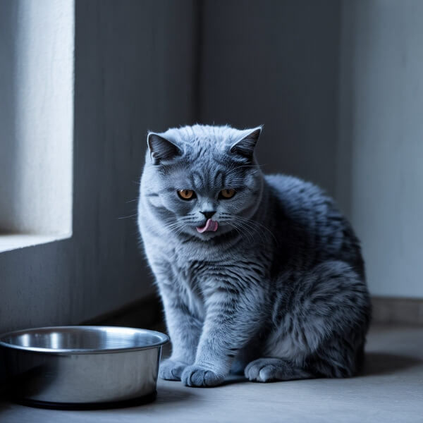 Un chat British Shorthair au pelage gris-bleu est assis près d’une gamelle métallique, face à une fenêtre. Sa posture est droite mais figée, son regard perdu. L’éclairage tamisé crée une ambiance légèrement froide. L’image reflète la robustesse apparente de la race, en contraste avec sa fragilité urinaire souvent ignorée.