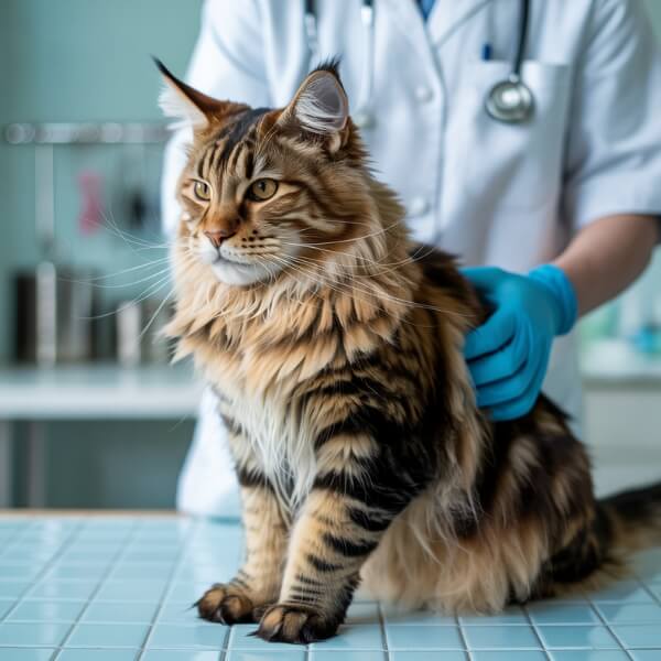 Un Maine Coon brun tigré est assis sur une table d’examen vétérinaire, calmement tenu par un professionnel en blouse blanche et gants bleus. Le chat semble stoïque, presque confiant, tandis que l’arrière-plan clinique renforce l’idée d’un contrôle médical. L’image illustre la robustesse apparente de la race, en contraste avec sa sensibilité urinaire souvent méconnue.