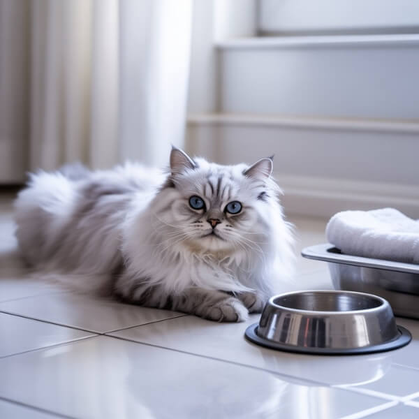 Un chat Persan au pelage long et clair est allongé sur un carrelage blanc, face à une gamelle métallique. Son expression est calme mais légèrement fermée, et son corps semble posé sans tension. L’image évoque la fragilité invisible de cette race sensible aux troubles urinaires.