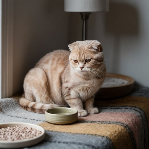 Un chat Scottish Fold à la robe fauve est assis sur un plaid en laine, les oreilles repliées vers l’avant. Il est positionné près d’une gamelle d’eau dans une pièce tamisée. Sa posture est discrète, son regard baissé. L’image suggère une forme de repli ou d’inconfort, typique d’un chat qui souffre sans le montrer.