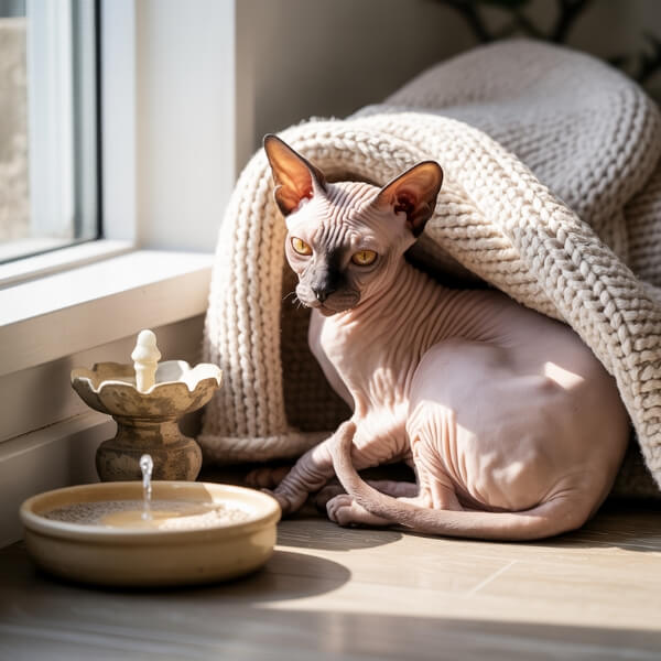 Un chat Sphynx repose en position recroquevillée sur un coussin près d’une fenêtre. Sa peau nue laisse entrevoir la finesse de sa morphologie. Il est entouré d’une fontaine à eau et d’une couverture pliée. L’atmosphère est douce mais un peu mélancolique, évoquant la vulnérabilité de cette race sensible aux déséquilibres urinaires.