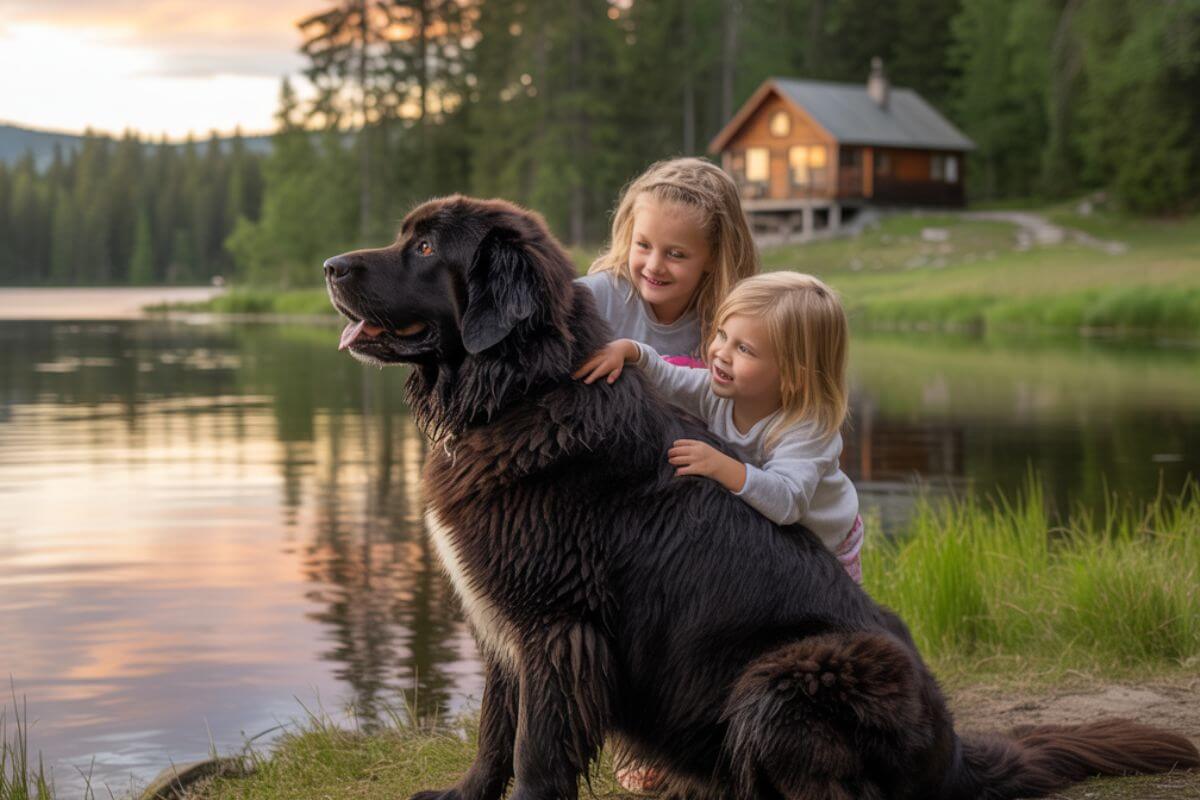 Chien Terre-Neuve noir assis au bord d’un lac avec deux enfants, ambiance familiale et nature