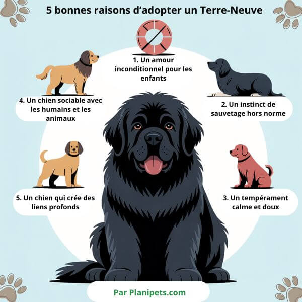 Infographie illustrant 5 bonnes raisons d’adopter un Terre-Neuve : douceur, instinct de sauvetage, calme, sociabilité, fidélité