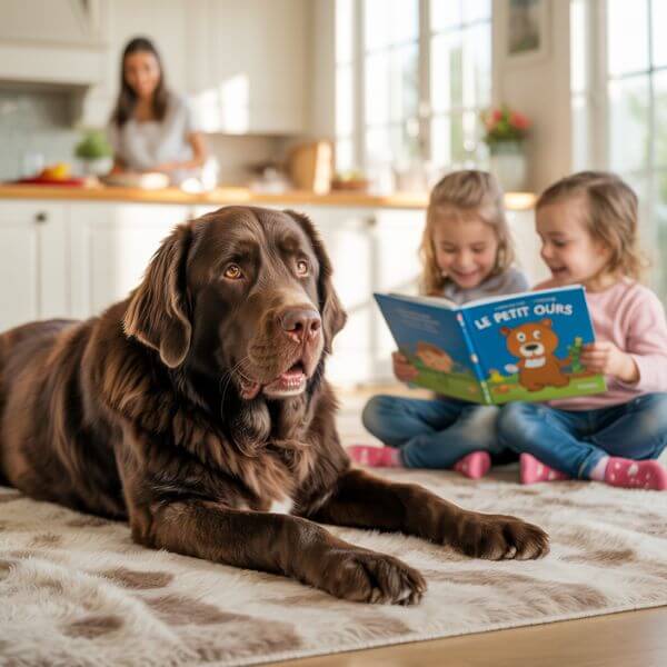 Chien Terre-Neuve brun allongé près de deux enfants qui lisent un livre dans un salon familial, ambiance douce et sécurisante