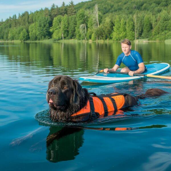 Chien Terre-Neuve avec harnais de sauvetage nageant dans un lac aux côtés de son maître en paddle, environnement naturel