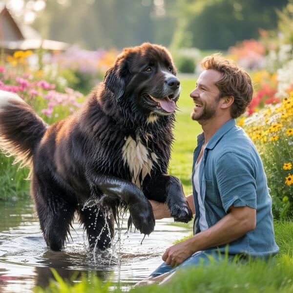 Chien Terre-Neuve brun jouant dans l’eau avec son maître, ambiance joyeuse et estivale en pleine nature