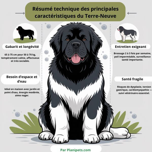 Infographie du Terre-Neuve avec résumé technique : taille, poids, espérance de vie, tempérament, toilettage, santé
