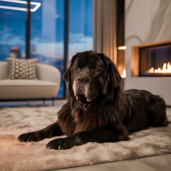 Chien Terre-Neuve brun allongé dans un salon chaleureux avec cheminée, ambiance calme et familiale