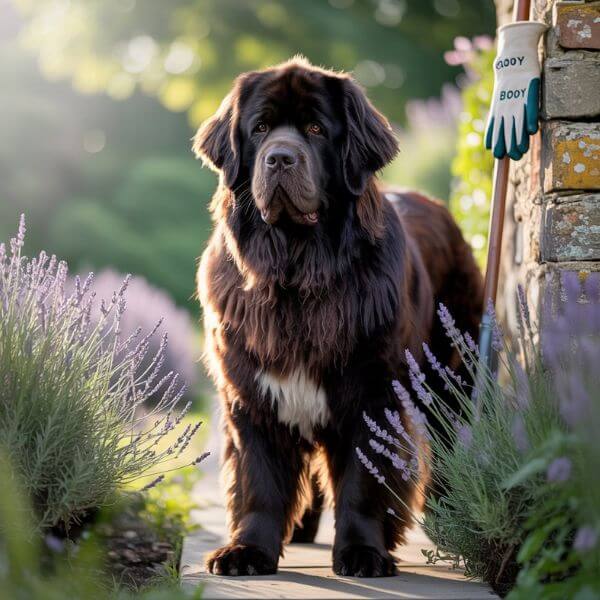 Chien Terre-Neuve brun debout dans un jardin fleuri, à côté d’un portail en bois, ambiance naturelle et paisible