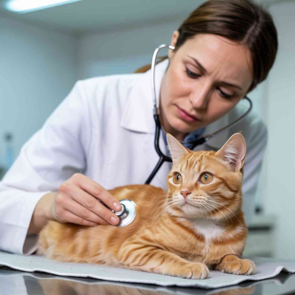 Consultation vétérinaire pour un chat qui miaule avant de faire caca