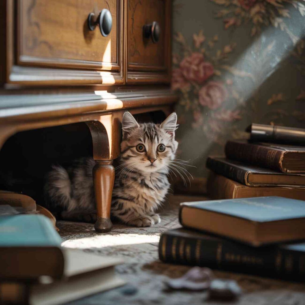 Chat stressé qui miaule avant de faire caca caché sous un meuble