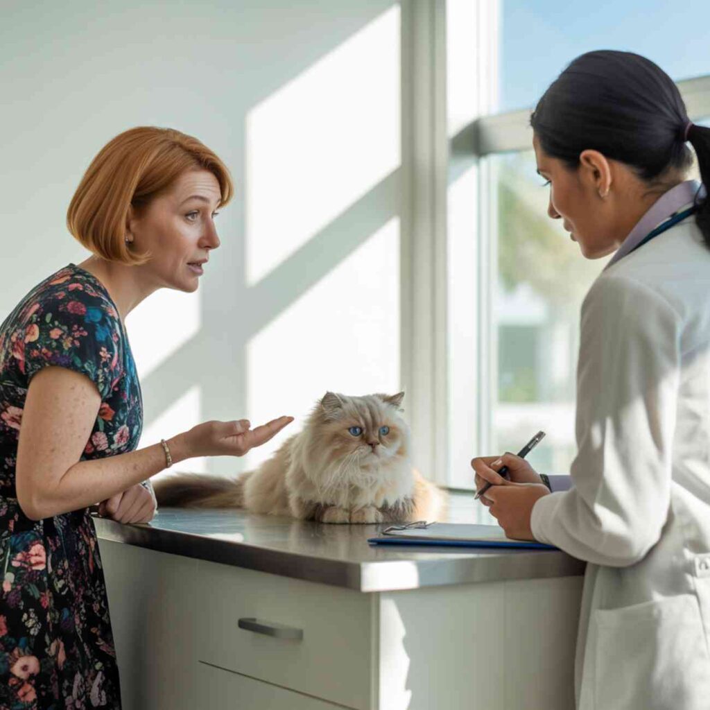 Consultation vétérinaire pour un chat qui miaule avant de faire caca