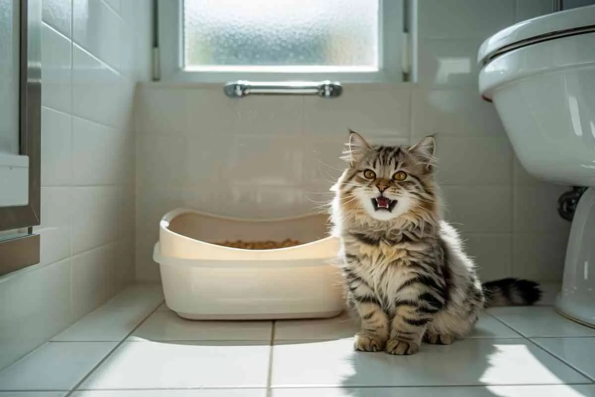 Chat miaule avant de faire caca dans sa litière dans la salle de bain