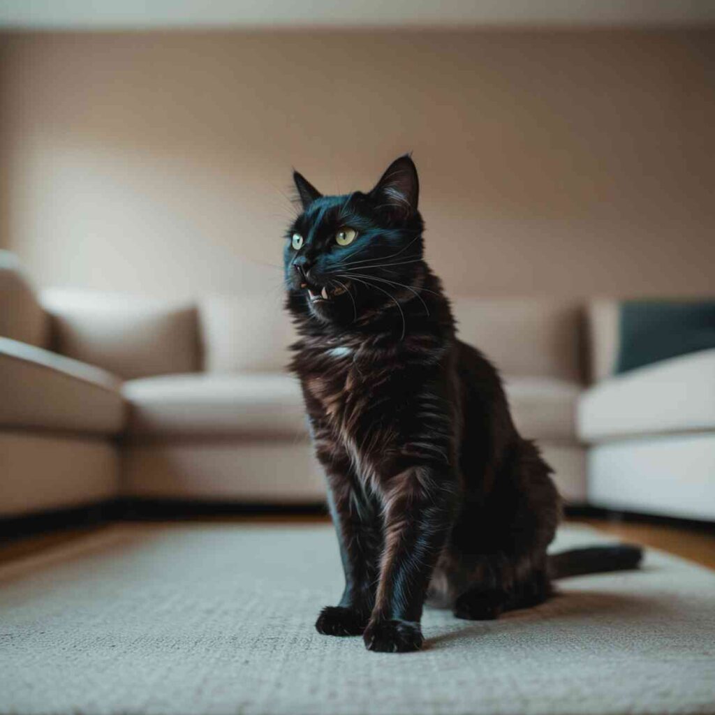 chat miaule en me regardant dans un salon calme et lumineux