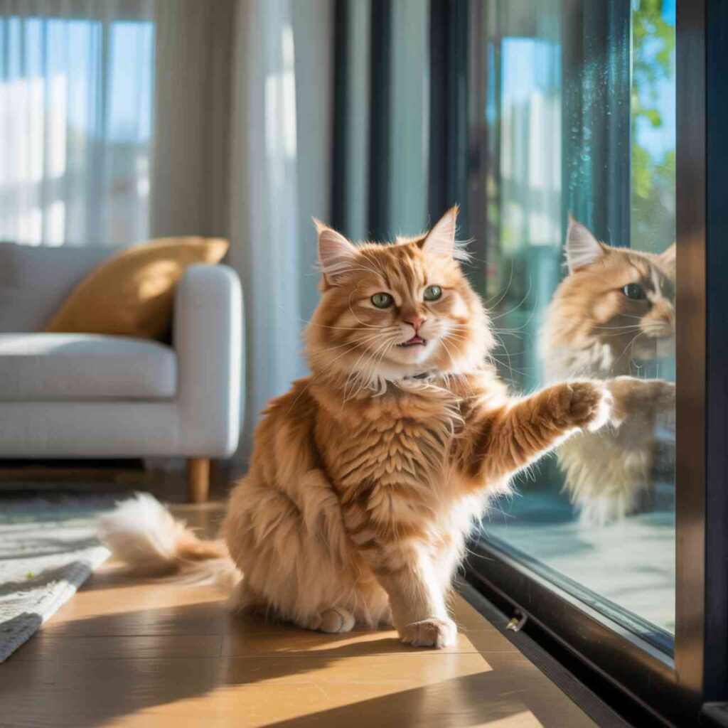 chat miaule en me regardant en posant sa patte sur la vitre